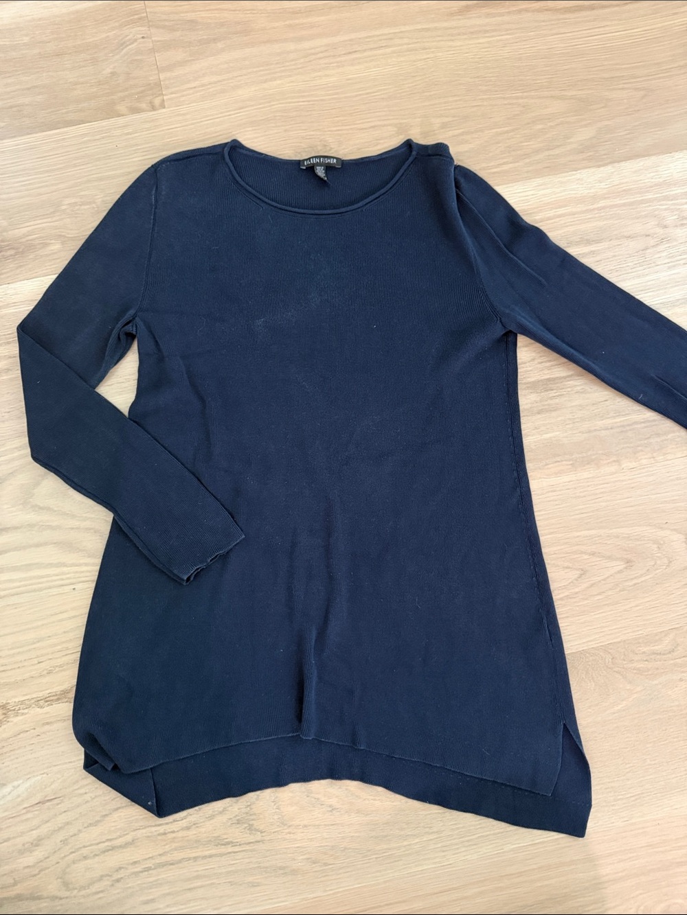 Eileen Fisher Navy Blue Ribbed Fine Knit Tunic Sweater Tencel XS Extra Small